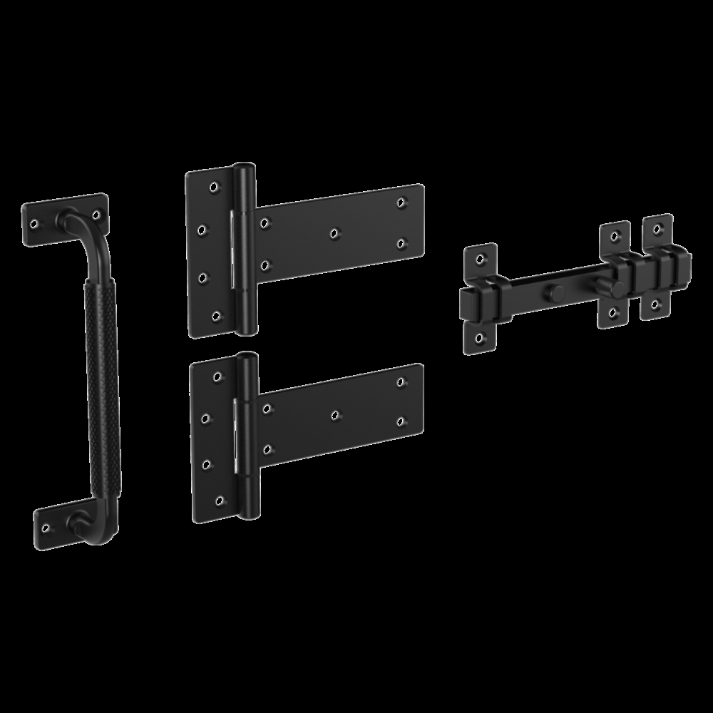 Set of four black industrial gate hardware pieces including handle, hinges, and latch for durable door and gate repair under $100 collection
