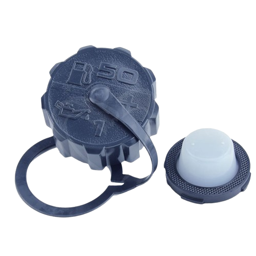 Black fuel and oil filler cap with tether and seal designed for automotive and John Deere parts and accessories collections
