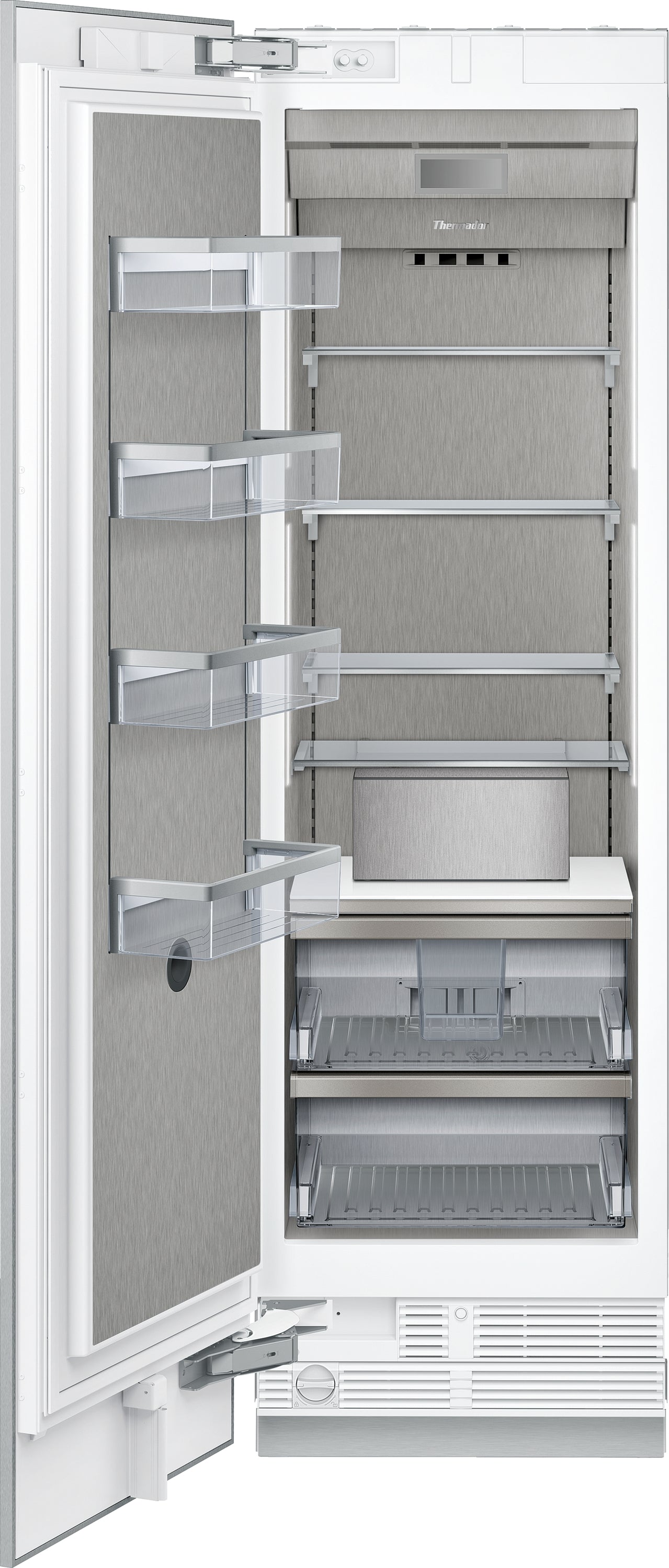 Open panel-ready built-in freezer column with stainless steel interior and adjustable clear storage bins in appliances collection