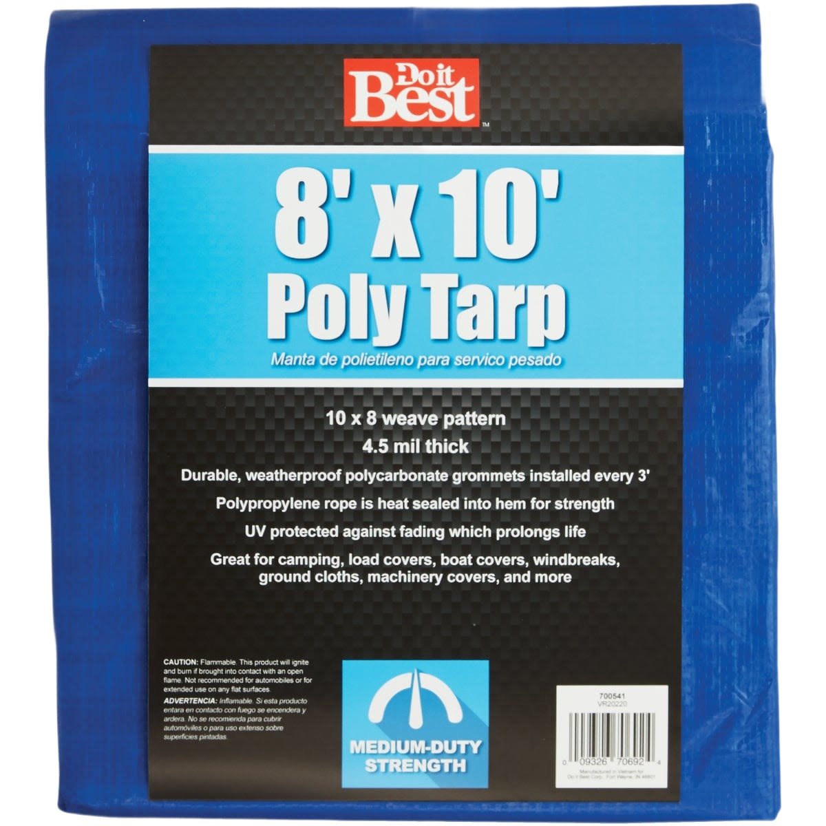 Blue medium-duty poly tarp with reinforced grommets and polypropylene rope for durable outdoor home improvement use