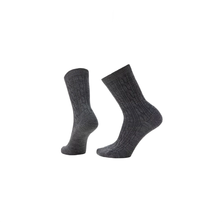Medium gray cable-patterned crew socks made with merino wool blend for comfortable everyday wear in sock collections.