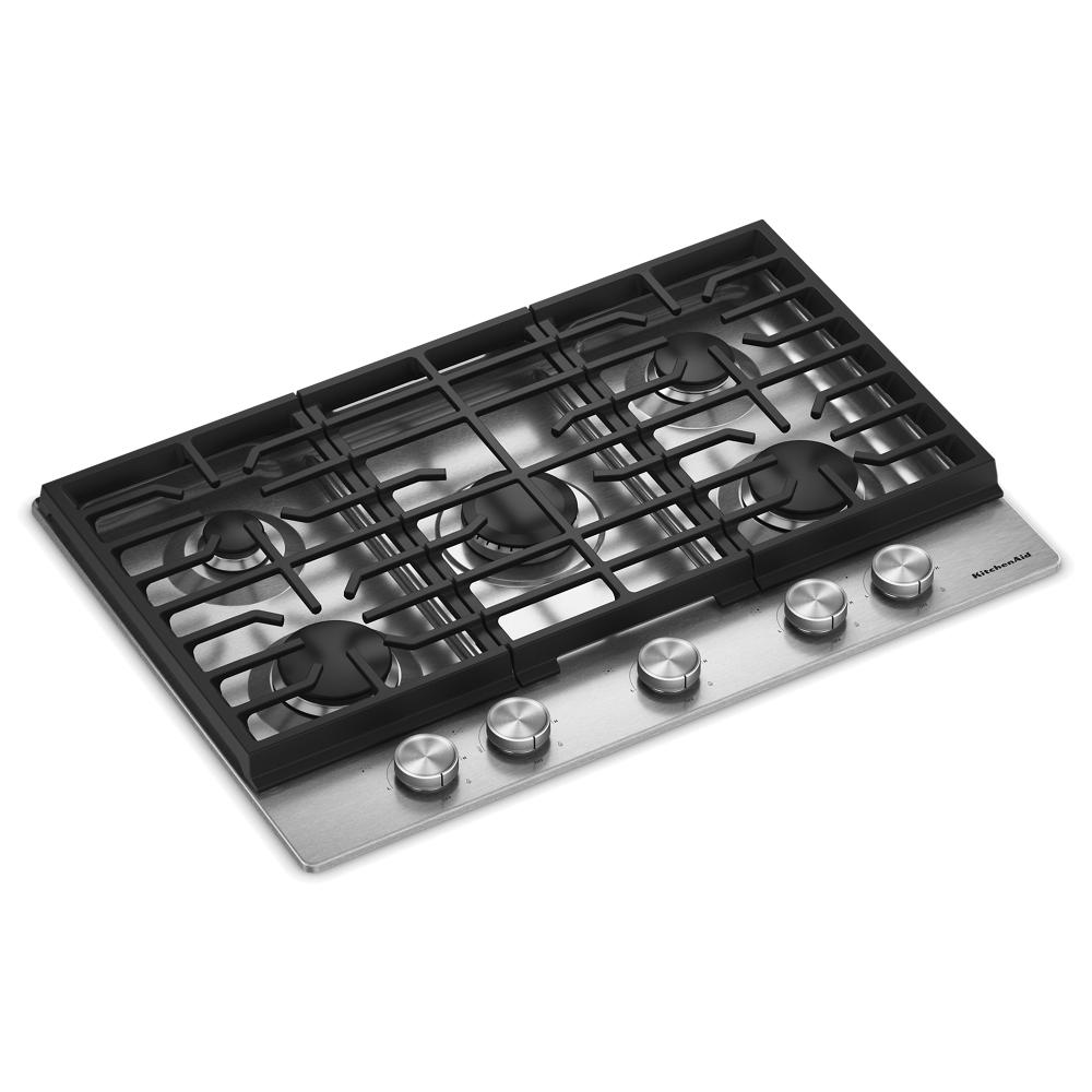 Stainless steel 30-inch gas cooktop with five burners and edge-to-edge cast-iron grates, featuring brushed metal control knobs for kitchen and home improvement.