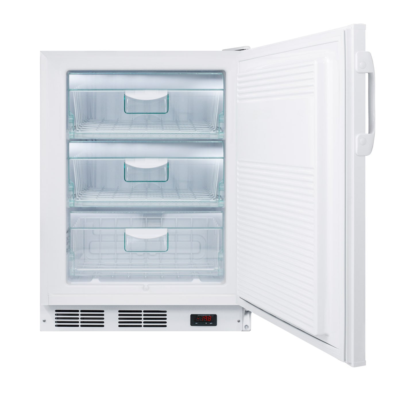 White freestanding upright freezer with three clear storage drawers and digital temperature control in appliances collection