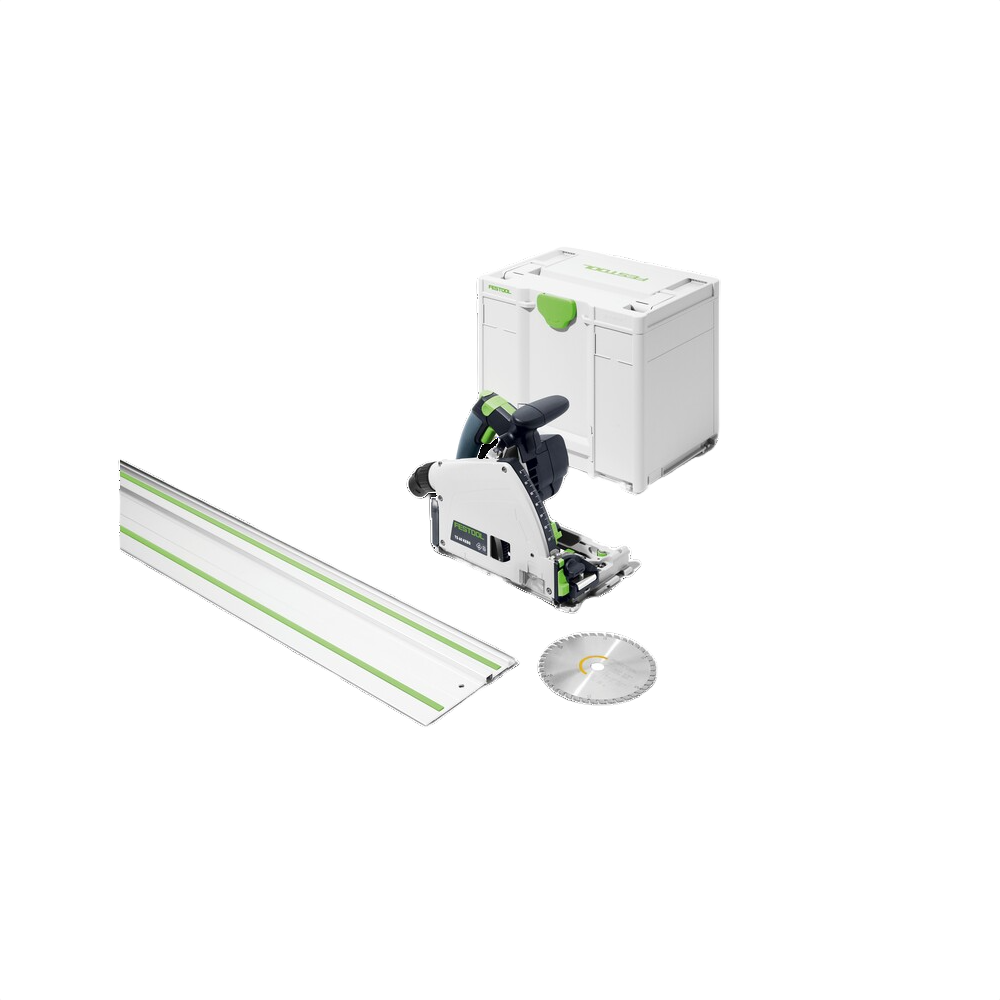 Compact plunge cut track saw with 55-inch guide rail, circular blade, and a durable carrying case for home improvement tasks
