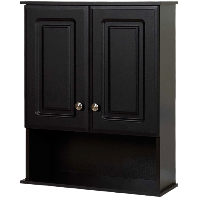 Wall-mounted espresso-colored bathroom cabinet with two paneled doors and open lower shelf for home improvement tasks