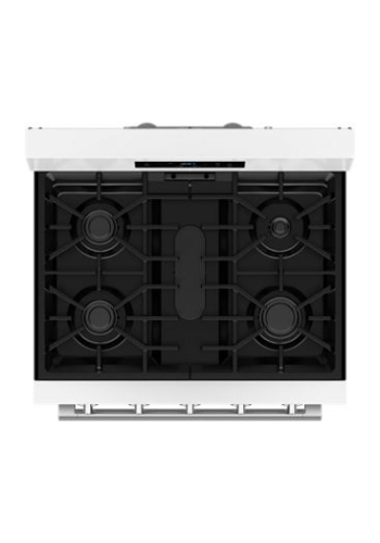 Top view of a white 30-inch gas range with four burners and black cast iron grates for home cooking.