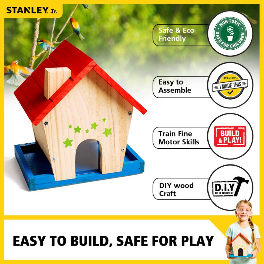 Wooden bird feeder with red roof, blue base, and green star accents promoting safe, easy assembly and motor skill training