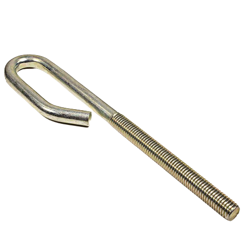 Metal lift linkage rod with threaded end and curved hook designed for mower deck assembly and adjustment tasks