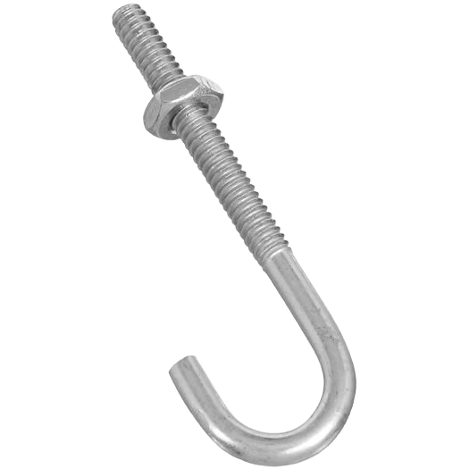 Zinc-plated J bolt with hex nut, threaded shaft for home improvement and tools applications.