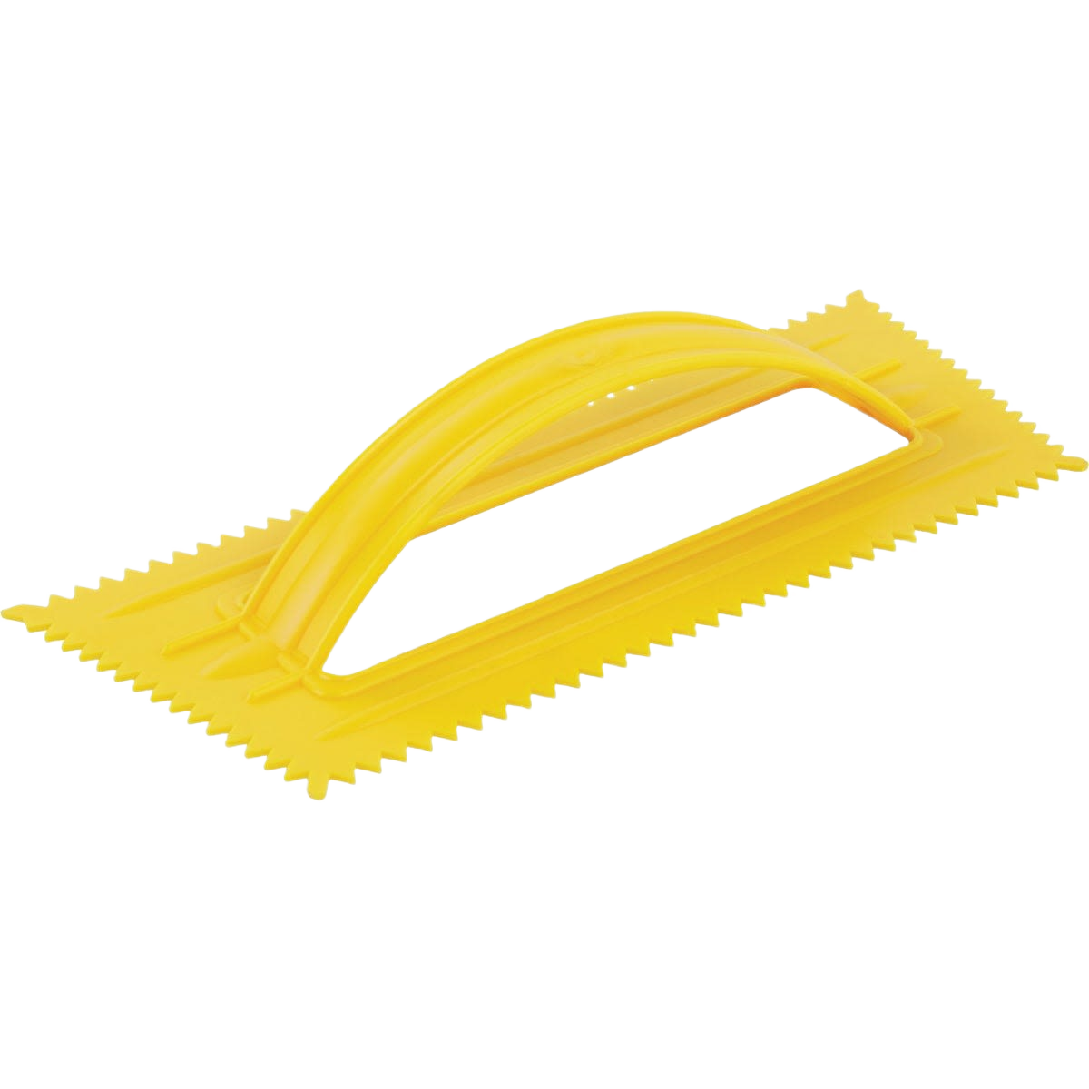 Yellow poly-pro V-notched trowel with ergonomic handle for spreading adhesives in home improvement projects