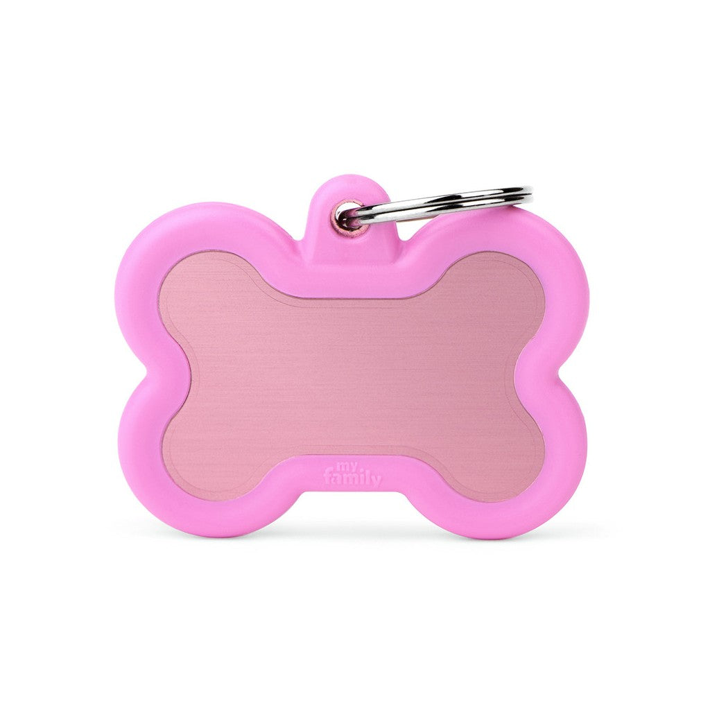 MyFamily Hushtag Big Pink Aluminum Bone with Rubber Pet Tag
