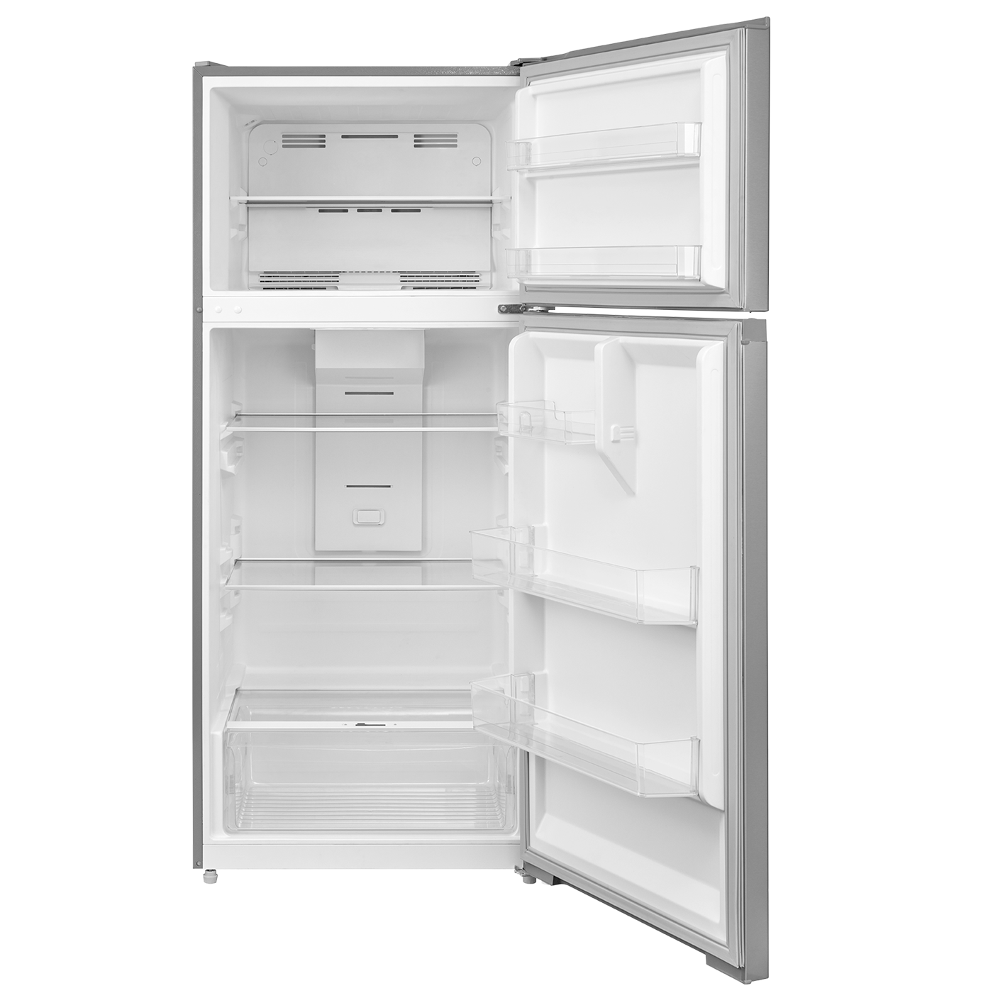 Open stainless steel top freezer refrigerator showing adjustable shelves and door storage from kitchen appliances collection