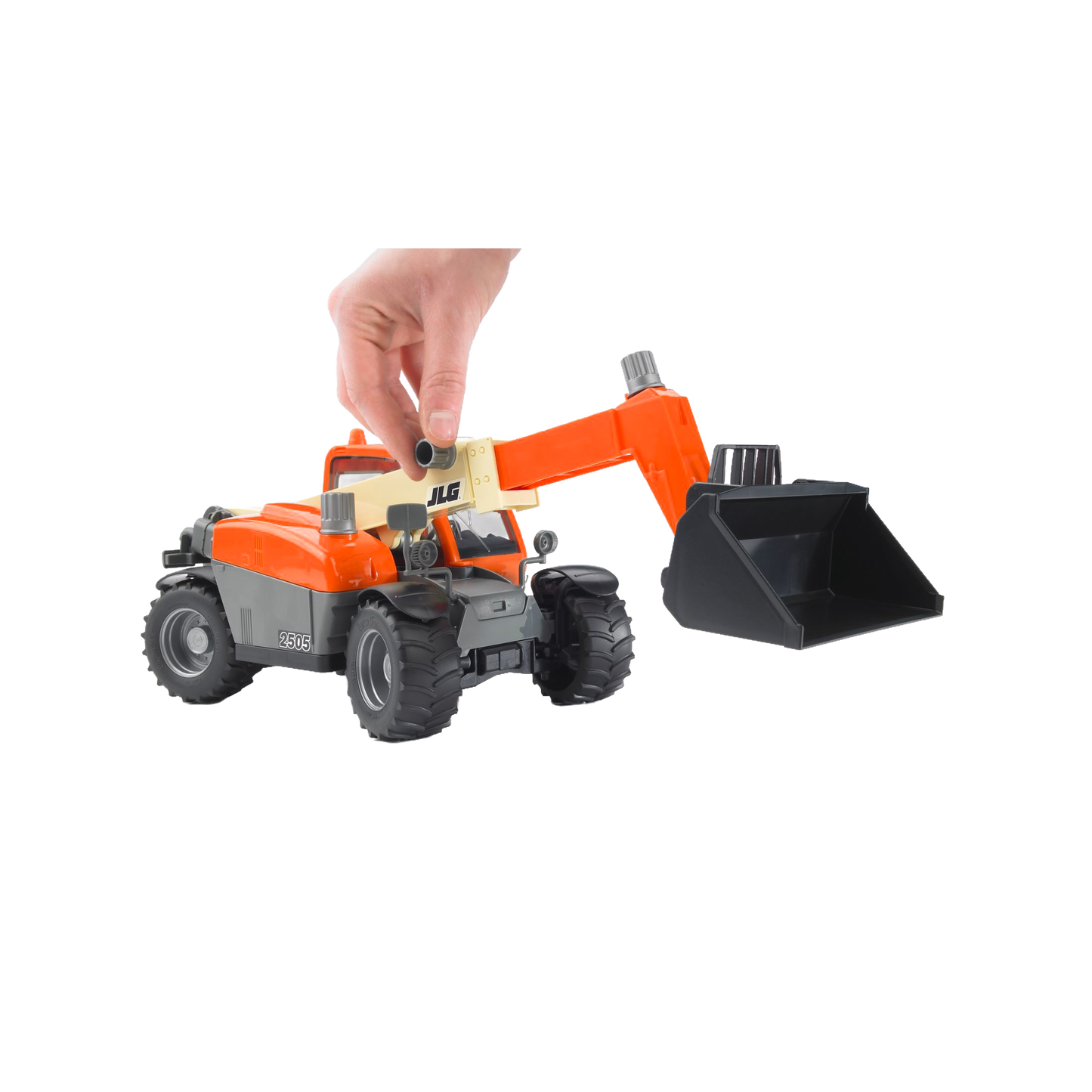 Hand manipulating orange and gray Bruder JLG telehandler toy with black bucket from Vehicles & Remote Controlled Toys collection