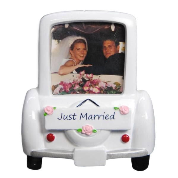White ceramic car ornament with personalized wedding photo and "Just Married" sign, festive Christmas decoration under $50