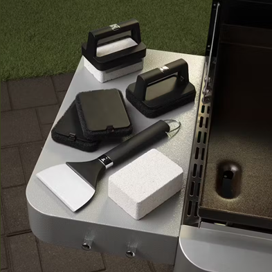 Griddle cleaning kit with scraper, scrub pads, and handles for grill maintenance in outdoor living and cleaning tools collections