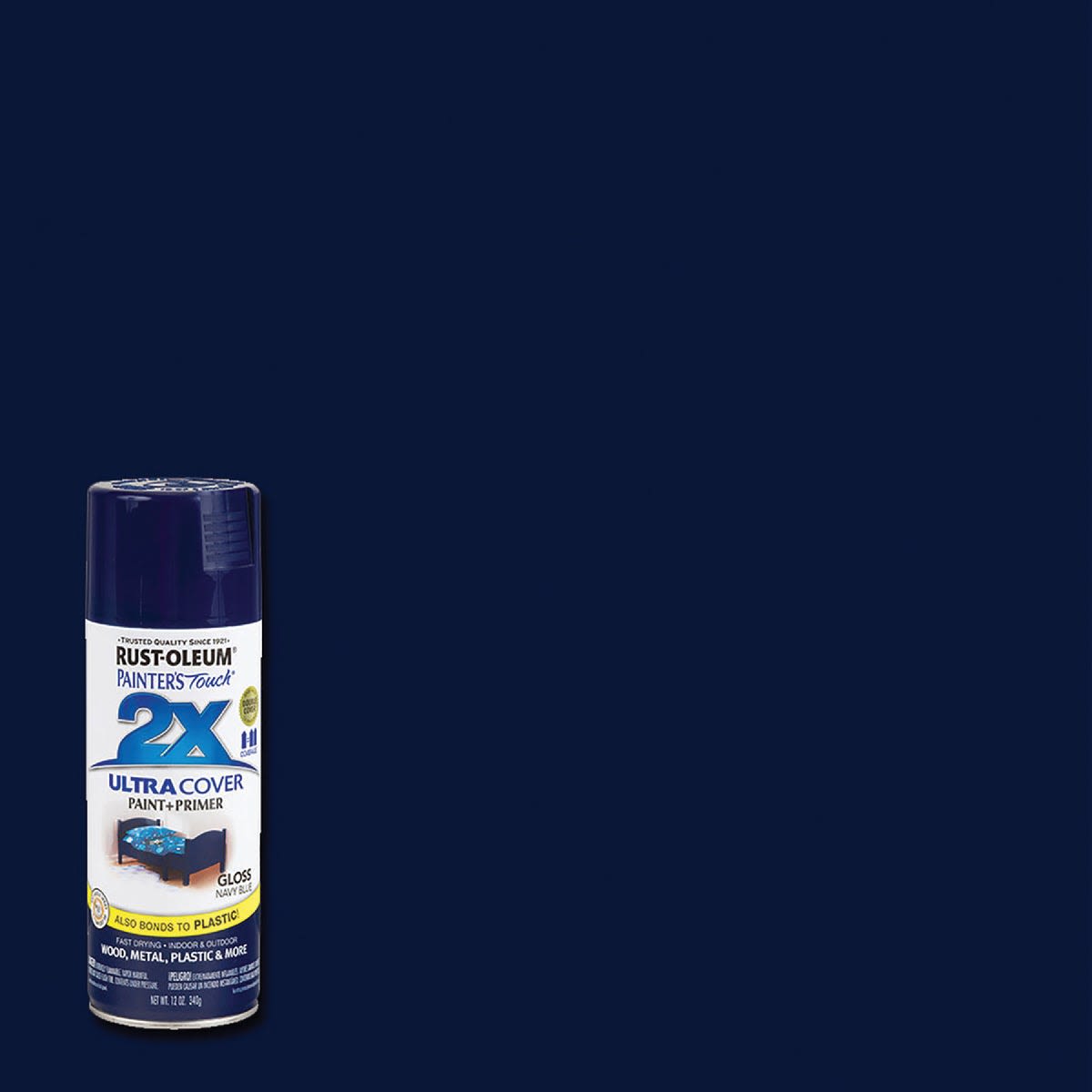 Navy blue gloss spray paint and primer can with label shown against solid navy background in paint supplies collection