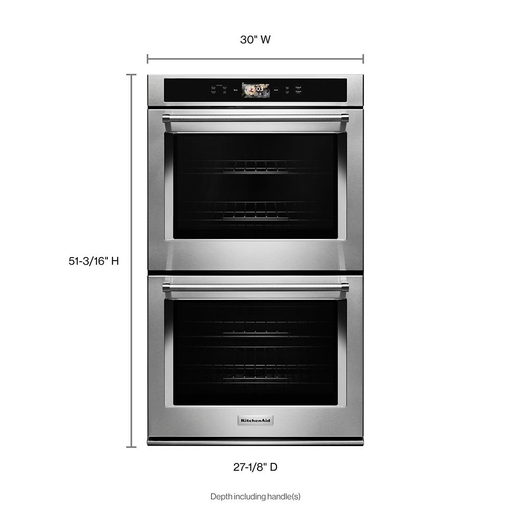 Stainless steel double oven with digital touch controls and two glass doors in KitchenAid wall ovens collection
