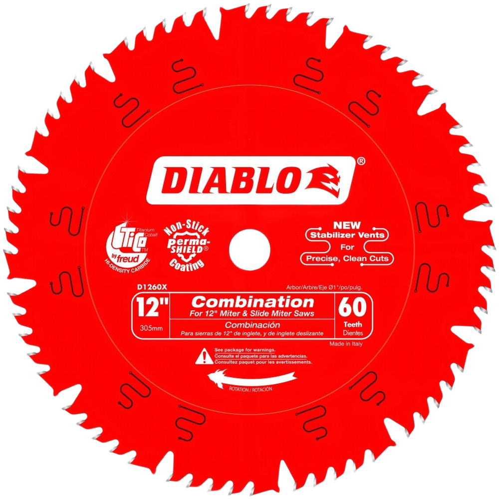 Red 12-inch 60 tooth combination saw blade with carbide teeth for woodworking in tool accessories collection under $50 category