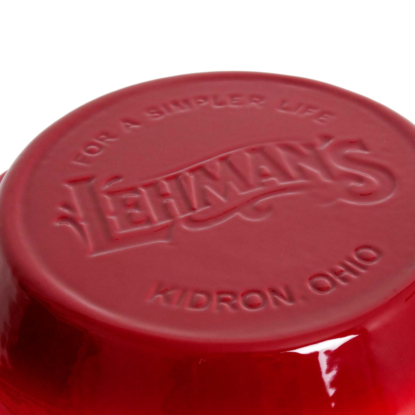 Red cast iron pie pan underside showing embossed Lehman's logo and location in Kitchenware and Under $50 collections