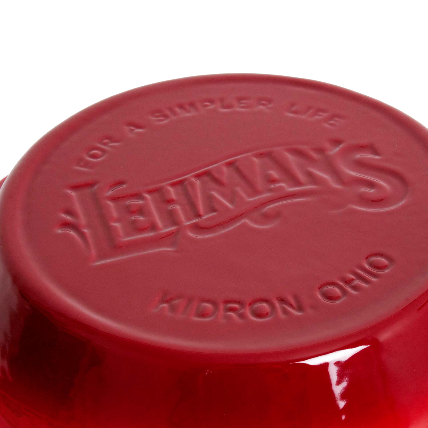 Red cast iron pie pan underside showing embossed Lehman's logo and location in Kitchenware and Under $50 collections