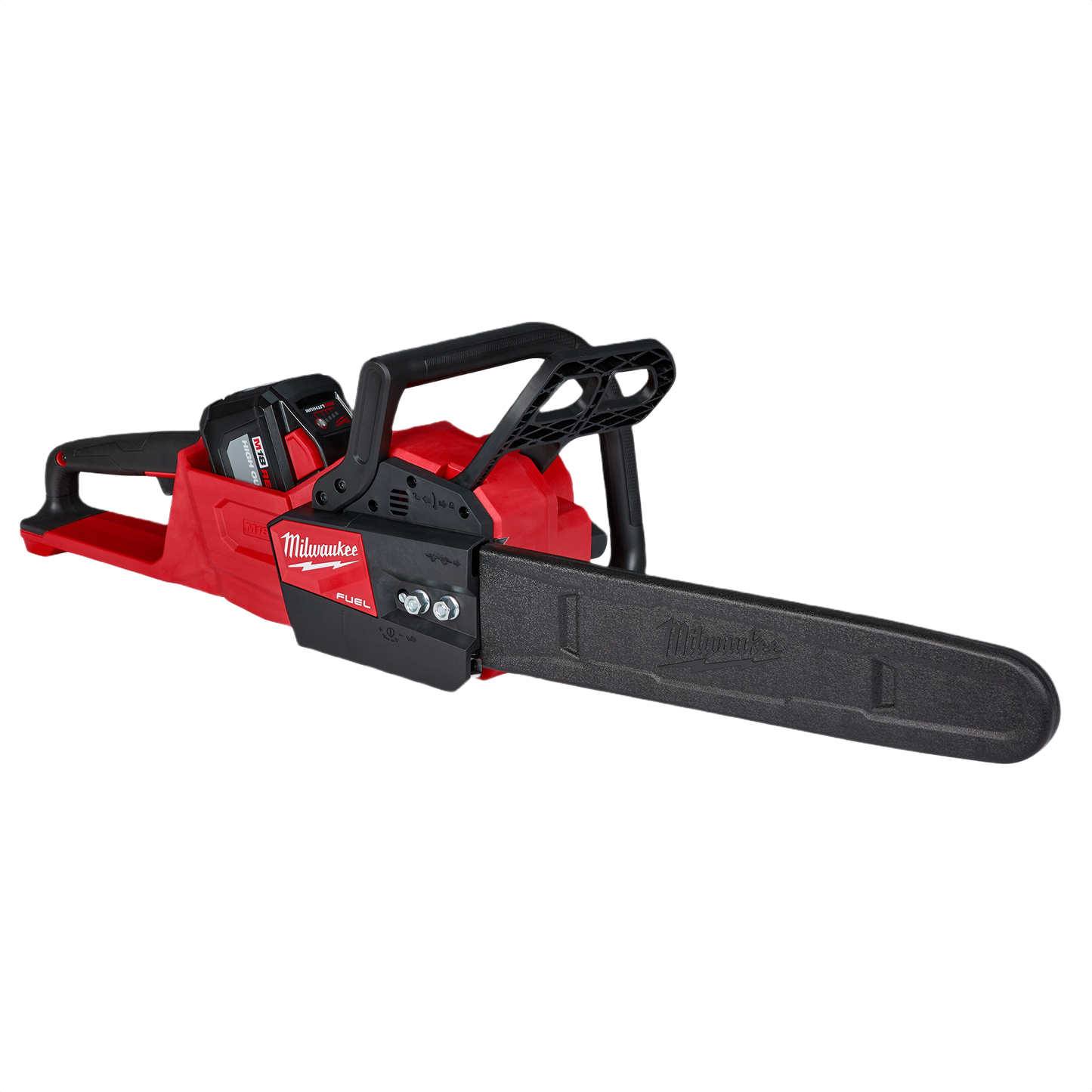 Red and black Milwaukee cordless chainsaw with 16-inch bar and protective cover in outdoor power tools collection