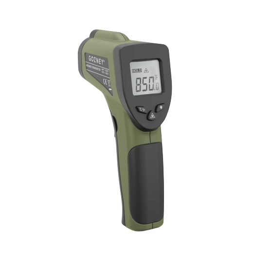 Green and black infrared thermometer with digital display reading 850 degrees Fahrenheit for grill accessories and outdoor living