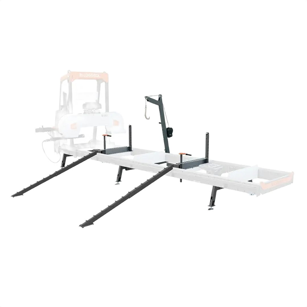 Metal frame log handling package with lifting crane and supporting arms for woodworking and home improvement use