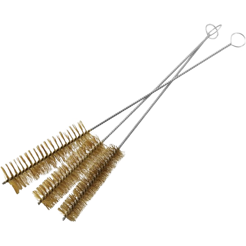 Set of three brass tube cleaning brushes with twisted metal handles for home improvement tool use