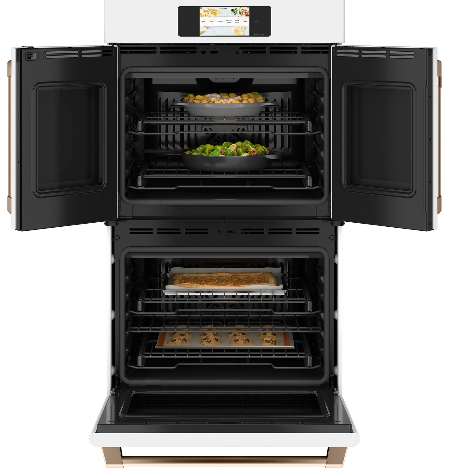 Smart built-in double wall oven with open French doors showing baked vegetables and cookies inside from kitchen appliances collection