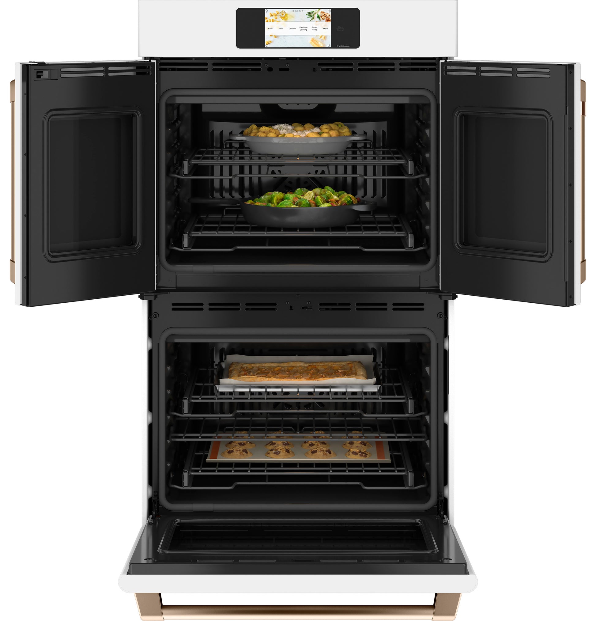 Smart built-in double wall oven with open French doors showing baked vegetables and cookies inside from kitchen appliances collection