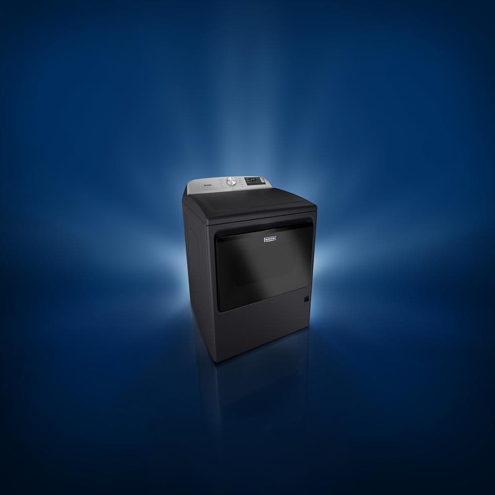 Angled front view of dark gray top load gas dryer with digital controls from Dryers and Appliances collections