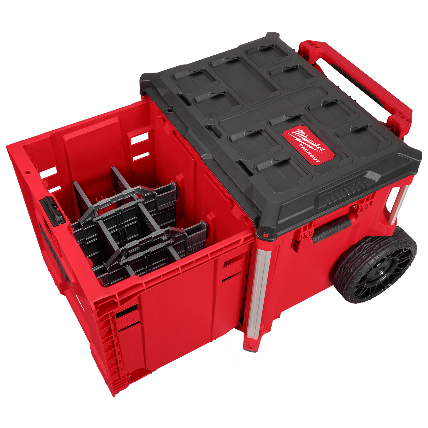 Red durable rolling drawer tool box with modular compartments and rugged wheels for jobsite and workshop storage organization