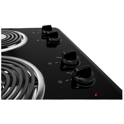 Close-up of a black electric cooktop with four coil burners, chrome trim, and four control knobs, suited for Kitchen & Kitchenware and Appliances collections.