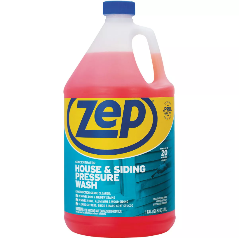 One-gallon bottle of concentrated house and siding pressure wash cleaner for outdoor cleaning and mold removal.