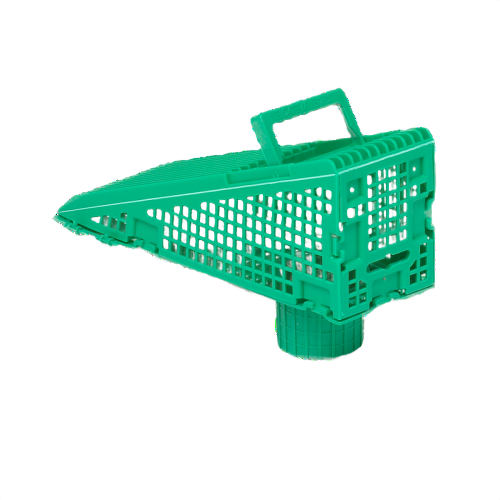 Green plastic wedge-shaped downspout screen with handle for home improvement and gutter protection use