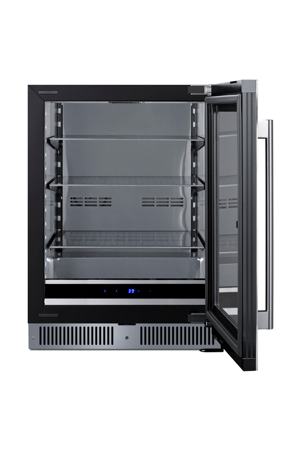 Built-in beverage center with three glass shelves, stainless steel trim, and digital temperature display shown with door open