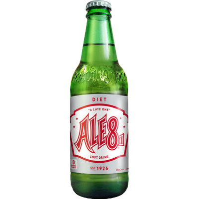 Green glass bottle of diet Ale 8 soft drink with red and white label from food and beverage under $25 collection