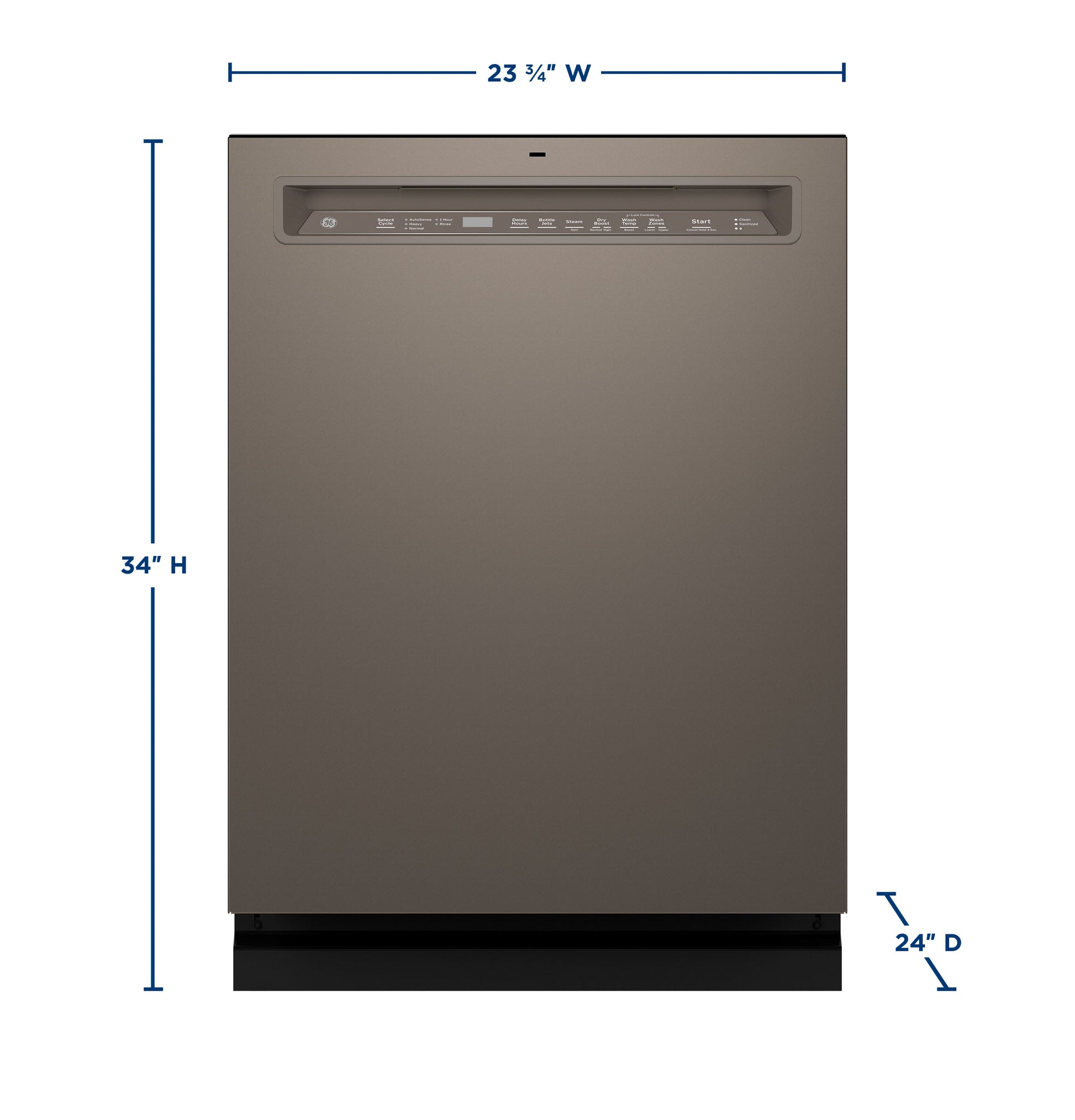 Front view of stainless steel front control dishwasher with dimensions for kitchen and appliance installation guidance