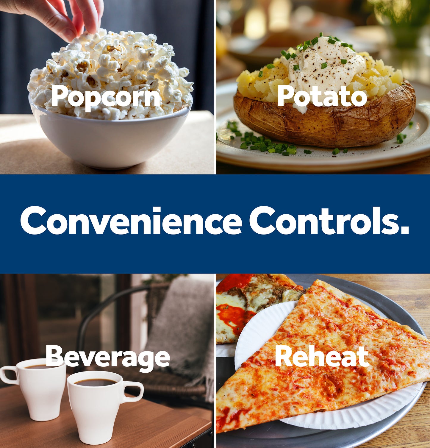 Collage of popcorn, baked potato, coffee, and pizza slices illustrating convenience cooking features for kitchen appliances.