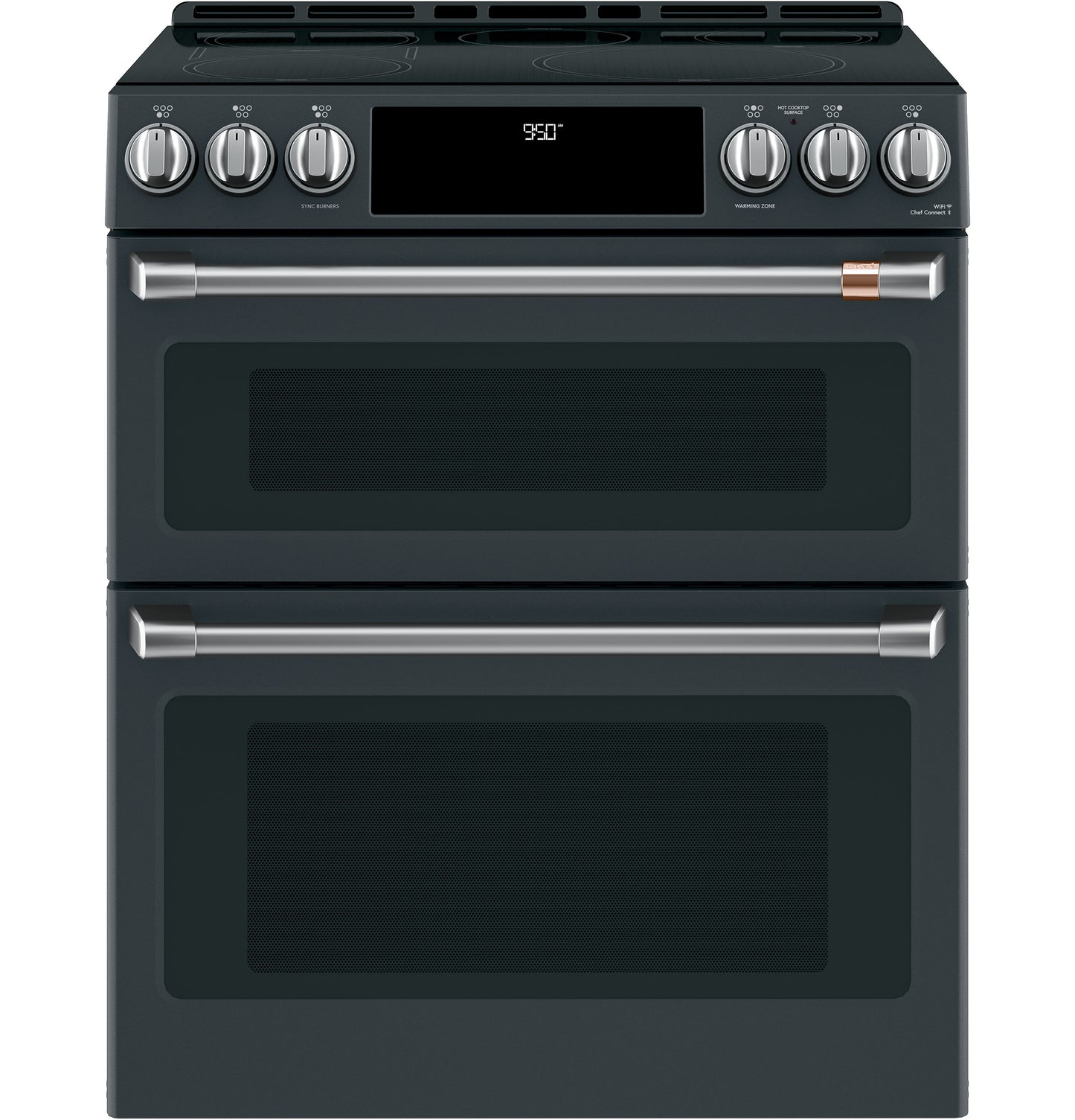Matte black double-oven range with front controls and stainless steel handles from kitchen appliances and ranges collections