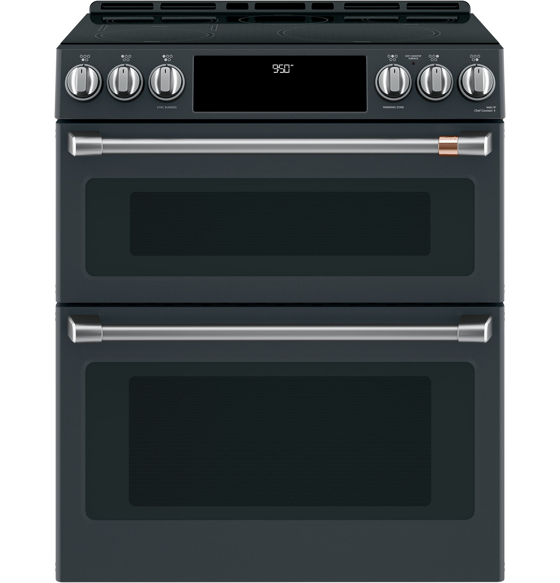 Matte black double-oven range with front controls and stainless steel handles from kitchen appliances and ranges collections