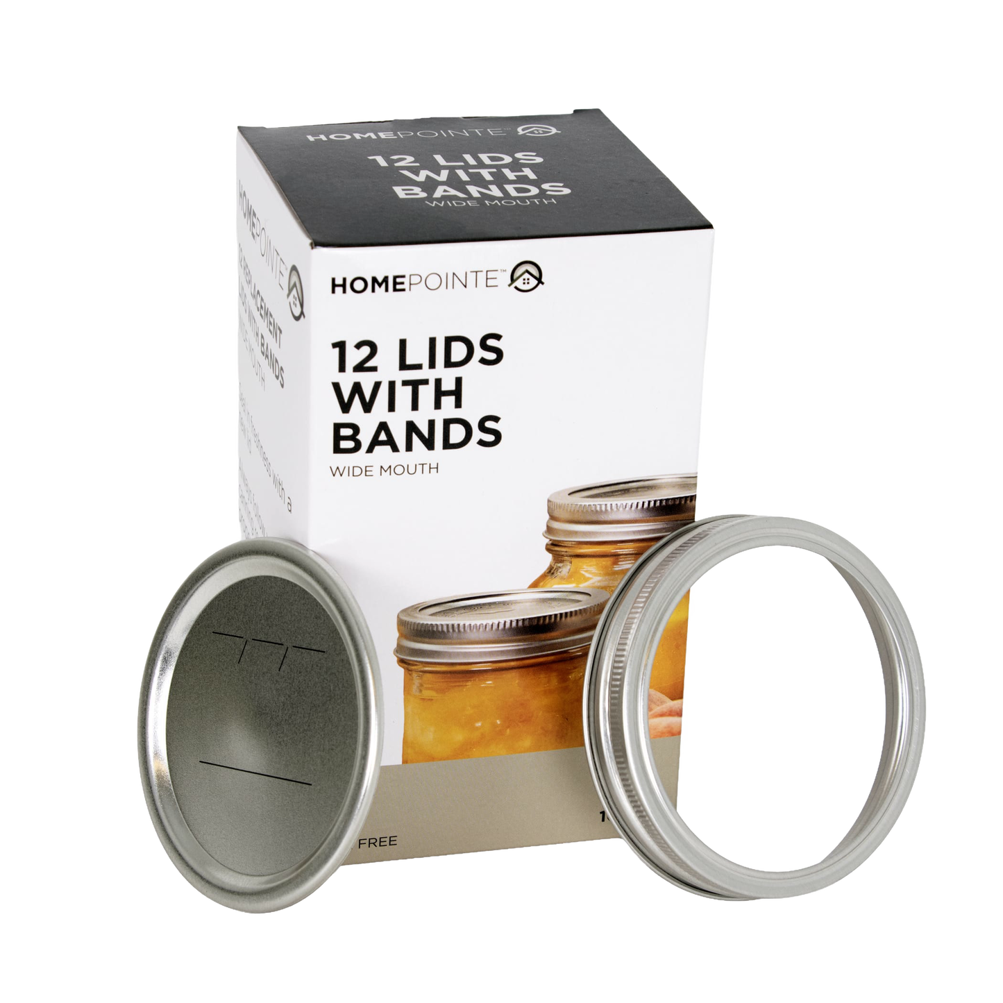 Box of 12 wide-mouth metal lids with bands displayed next to jars of preserved food in kitchenware under $50 collection