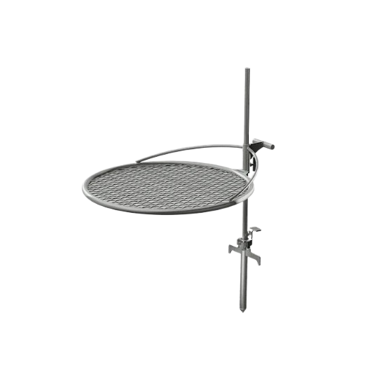 Adjustable round metal grilling grate with mounting pole for outdoor cooking and home improvement projects