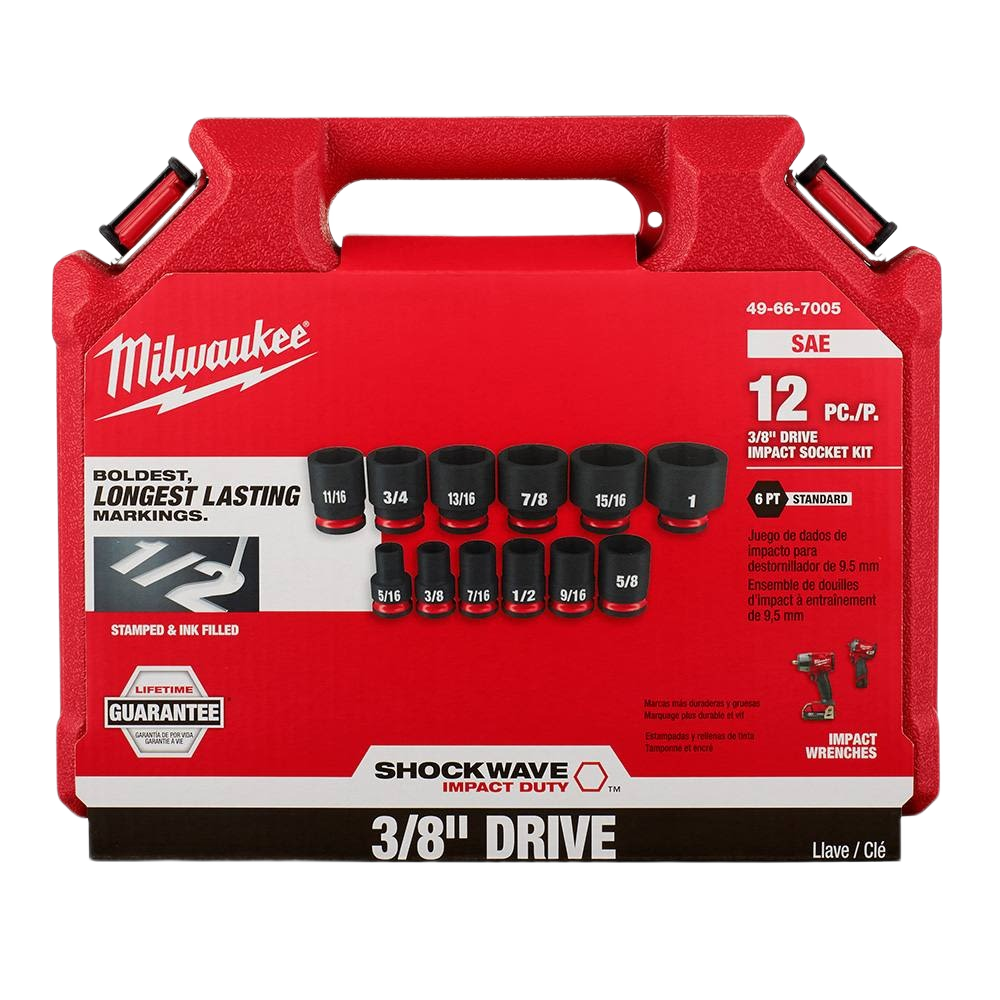 Red carrying case with twelve black impact sockets featuring bold markings for 3/8 inch drive tools and home improvement tasks
