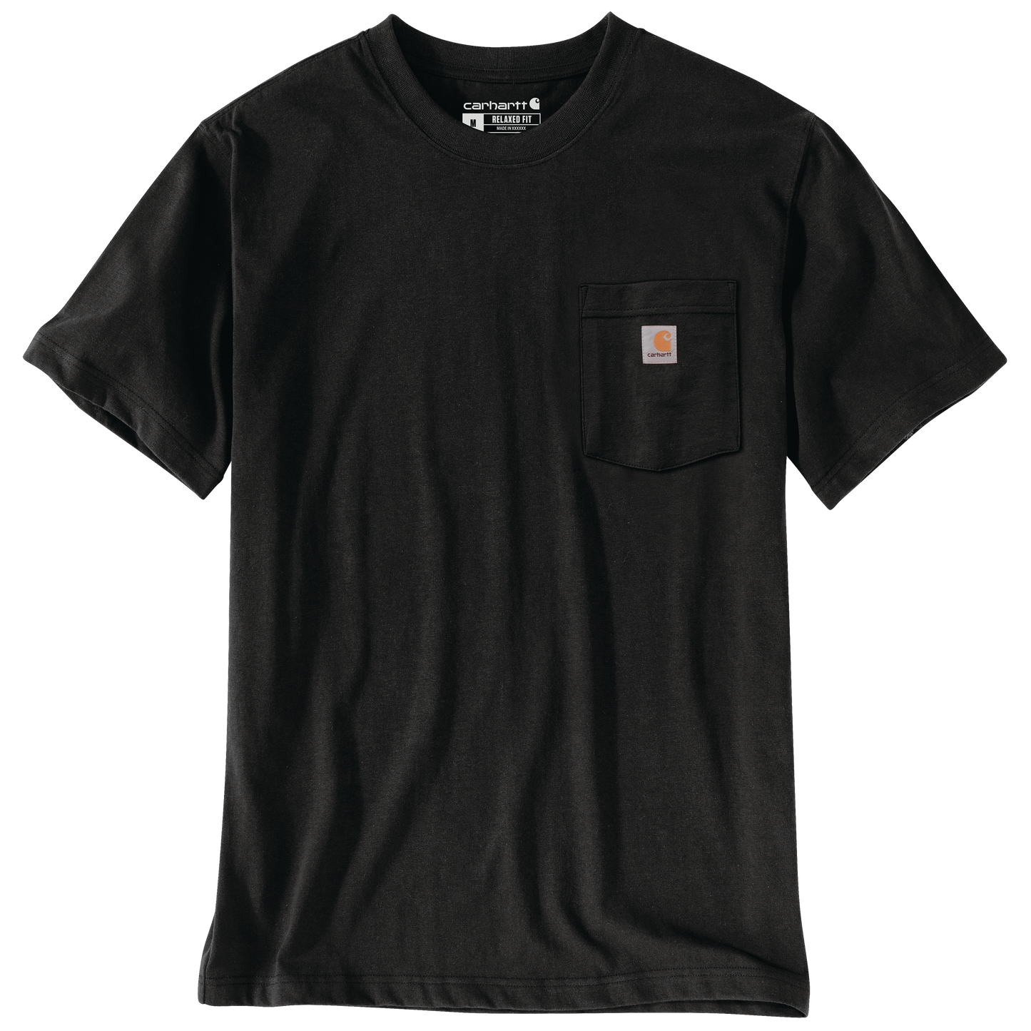 Men’s black relaxed fit t-shirt in a cotton-poly blend with rib-knit crewneck and chest pocket featuring a small Carhartt logo patch.