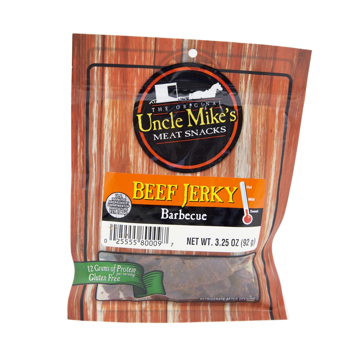 Package of Uncle Mike’s BBQ beef jerky with gluten-free label in Food & Beverage and Chips & Snacks collections