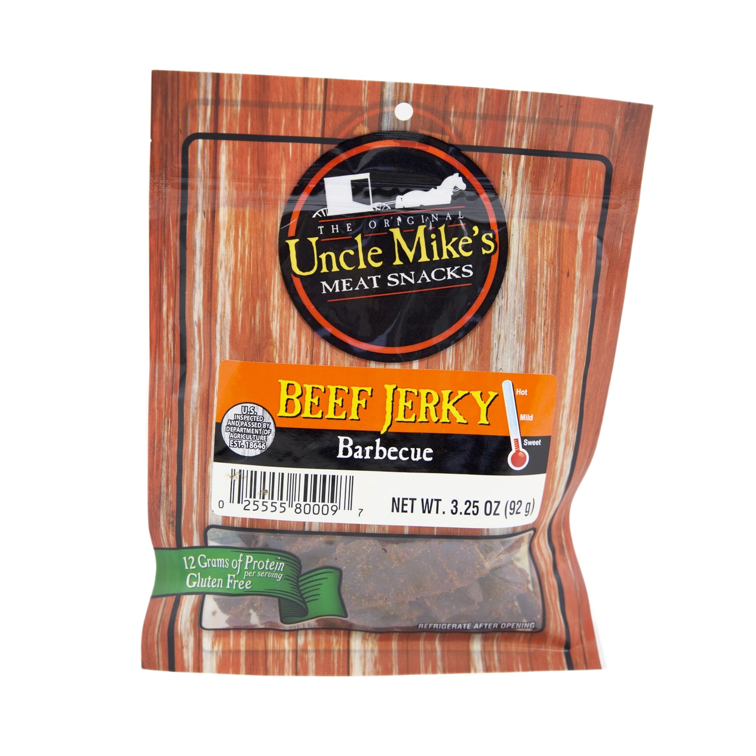Package of Uncle Mike’s BBQ beef jerky with gluten-free label in Food & Beverage and Chips & Snacks collections