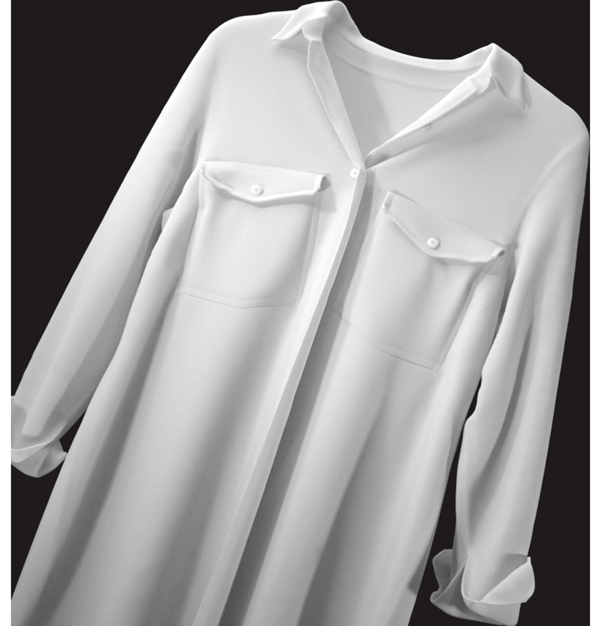 White long-sleeve shirt with buttoned chest pockets and rolled cuffs against dark background from Home Improvement collection