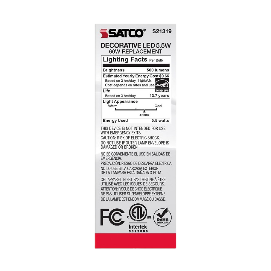 Packaging label of Satco decorative LED light bulb with 5.5 watt power, cool white light, and energy usage details