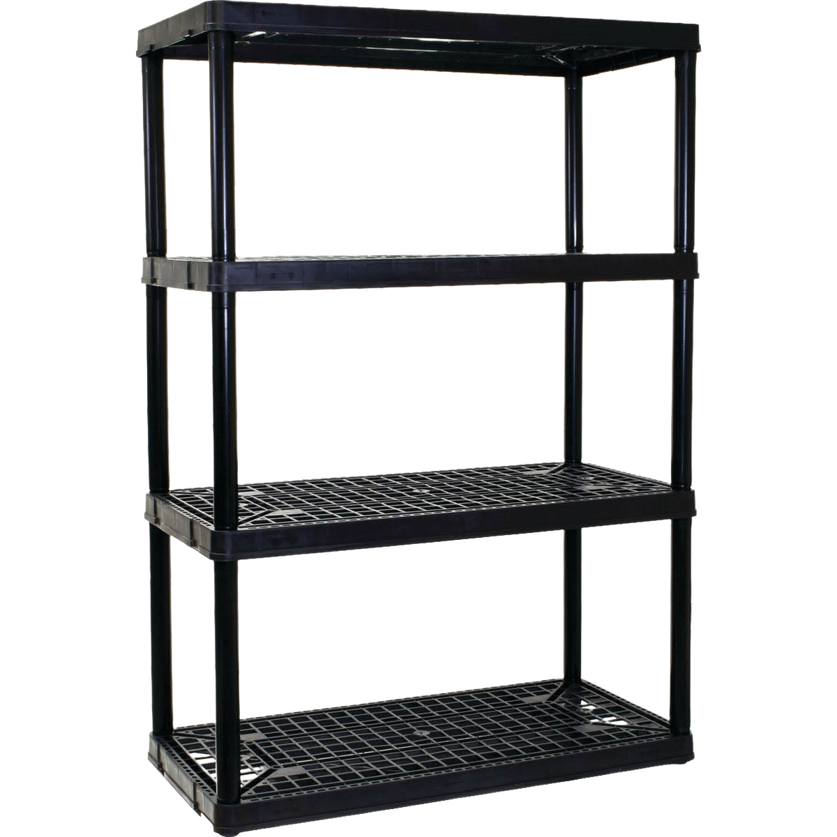Black 4-tier ventilated plastic shelving unit for freestanding storage and organization under $50